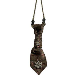 Statement Necklace With Brown Patterned Tie & Rhinestone Brooch Accents